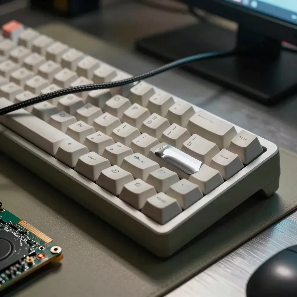 Makro klávesnice, SSD a desky na dílenském stole v chladném monitorovém světle.