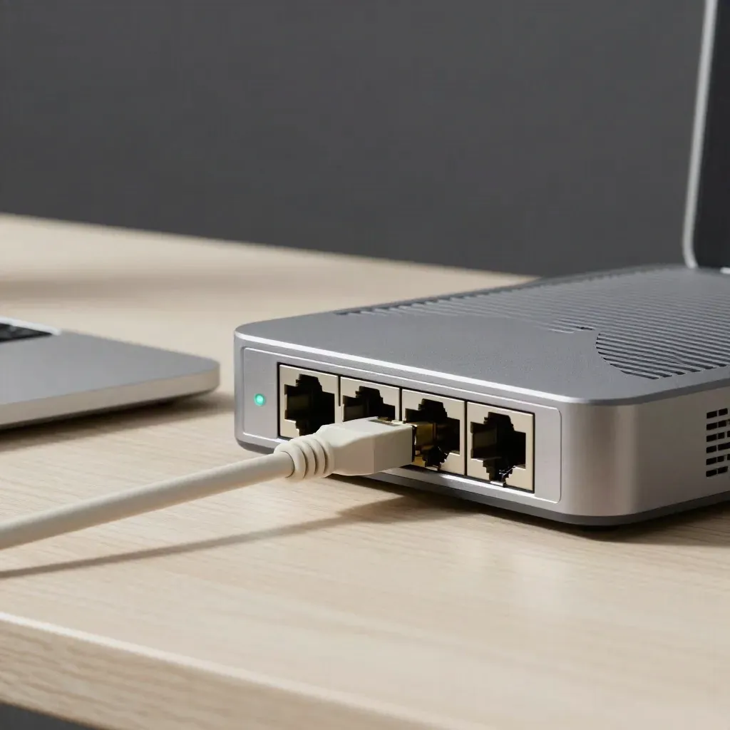 Zasunutý ethernetový kabel, router a zavřený notebook při spuštění webu.
