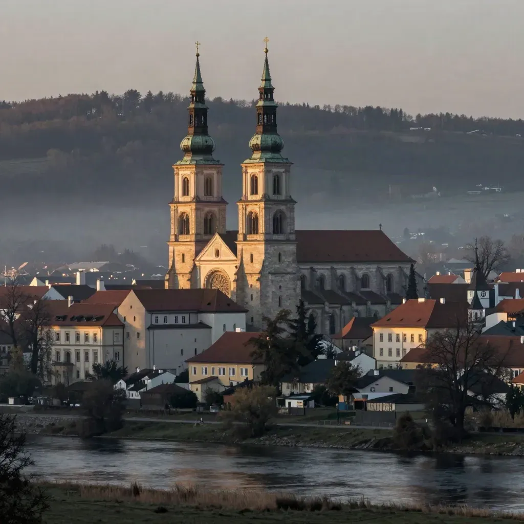 Plzeňská katedrála nad řekou v podvečerní mlze a zalesněných kopcích.