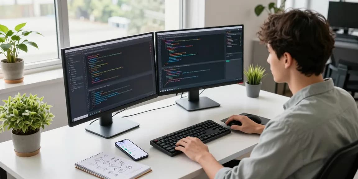 快连 software developer workspace with dual monitors displaying network optimization, surrounded by tech tools and natural light.